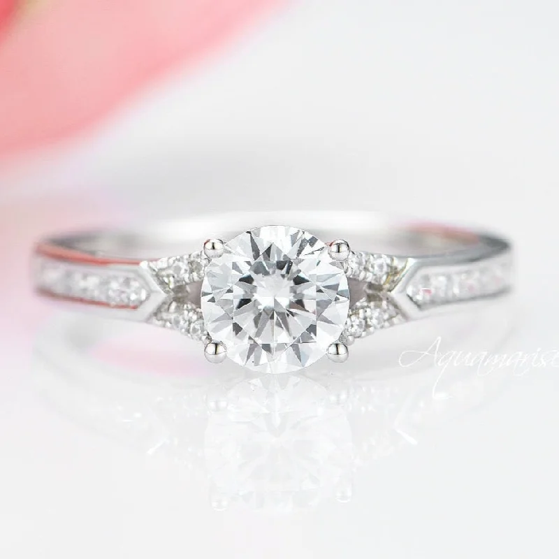 ladies engagement rings sentimental-Round Cut Moissanite Engagement Ring- 14K White Gold