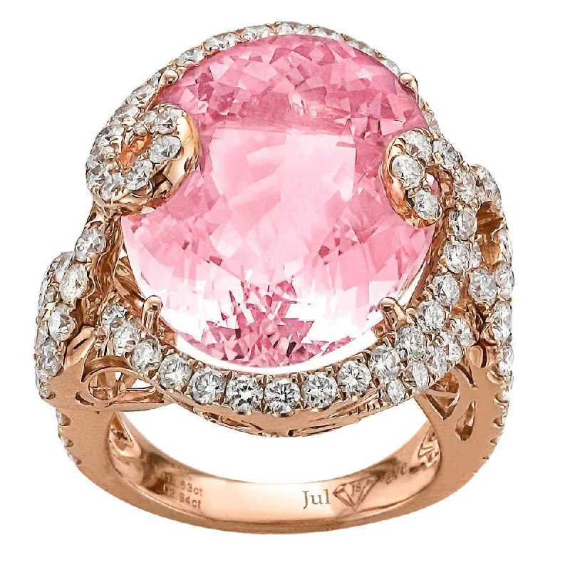 ladies rings trendy-JULEVE 18KT GOLD 18.63 CT OVAL MORGANITE & 2.34 CTW DIAMOND RING