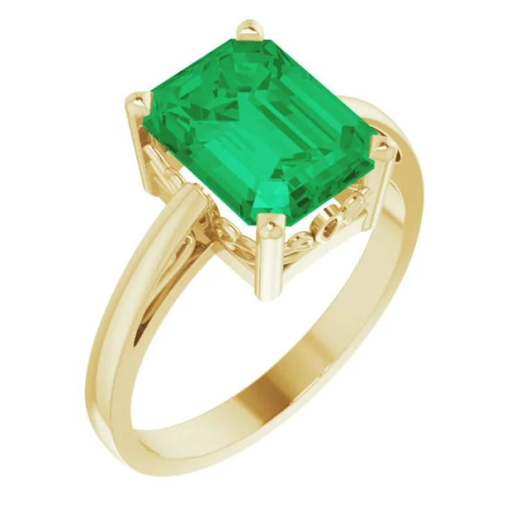 ladies rings 1970s-14K Yellow Lab-Grown Emerald Scroll SettingÂ® Ring