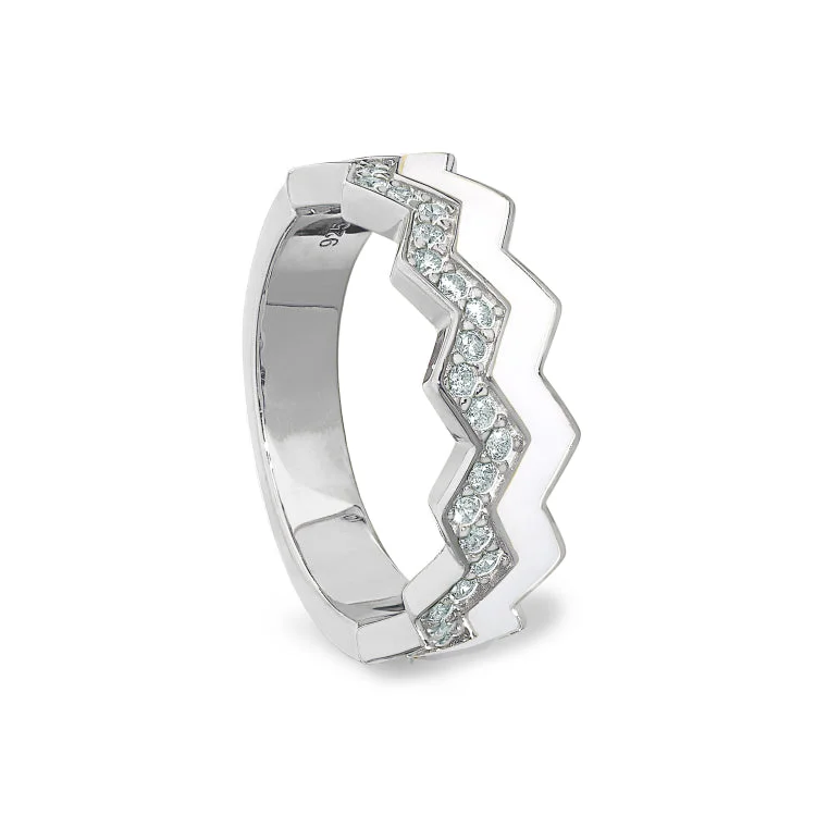 ladies rings conversation piece-Platinum Finish Sterling Silver Micropave Ring with with White Enamel and Simulated Diamondss