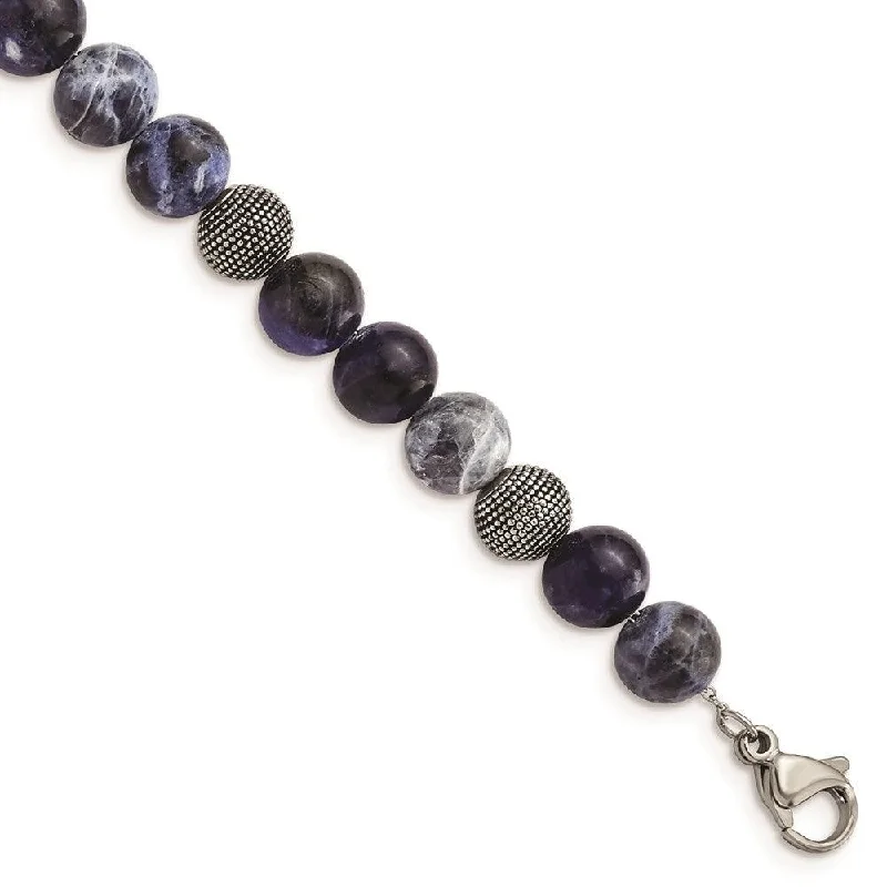 Ladies bracelets emerald charm -Stainless Steel Antiqued & Polished Sodalite 7.5in w/1in ext Bracelet