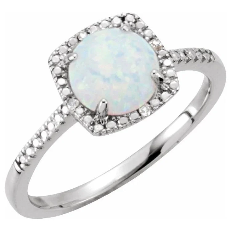 ladies rings indulgence-Sterling Silver Lab-Grown White Opal & .01 CTW Natural Diamond Ring