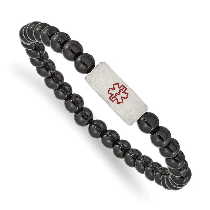 Ladies bracelets floral beauty -Stainless Steel Brushed Medical ID Plate Onyx Bead Stretch Bracelet