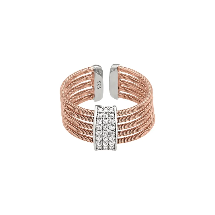 ladies rings scratch resistant-Rose Gold Finish Sterling Silver Multi Cable Cuff Ring with Rhodium Finish Simulated Diamond Three Rows