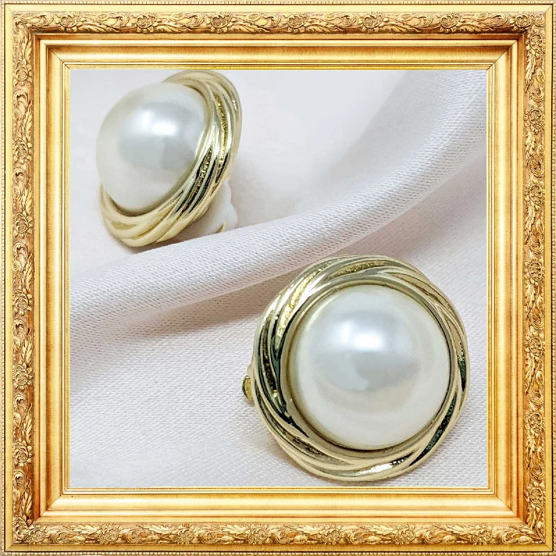 ladies earrings bridal-Cordelia Swirl Pearl Clip on Earring in 14k Gold Plating