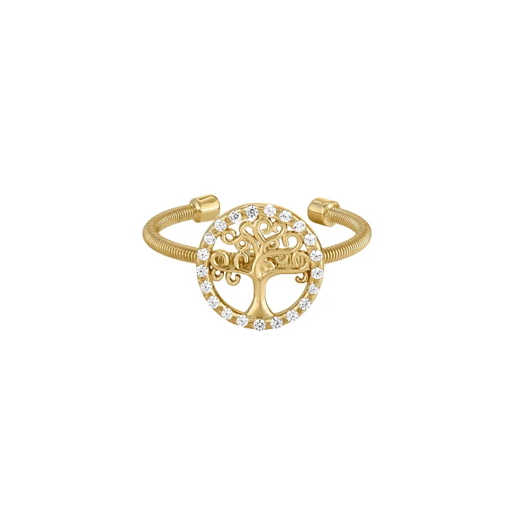 ladies rings budget friendly-Gold Finish Sterling Silver Cable Cuff Tree Ring with Simulated Diamonds