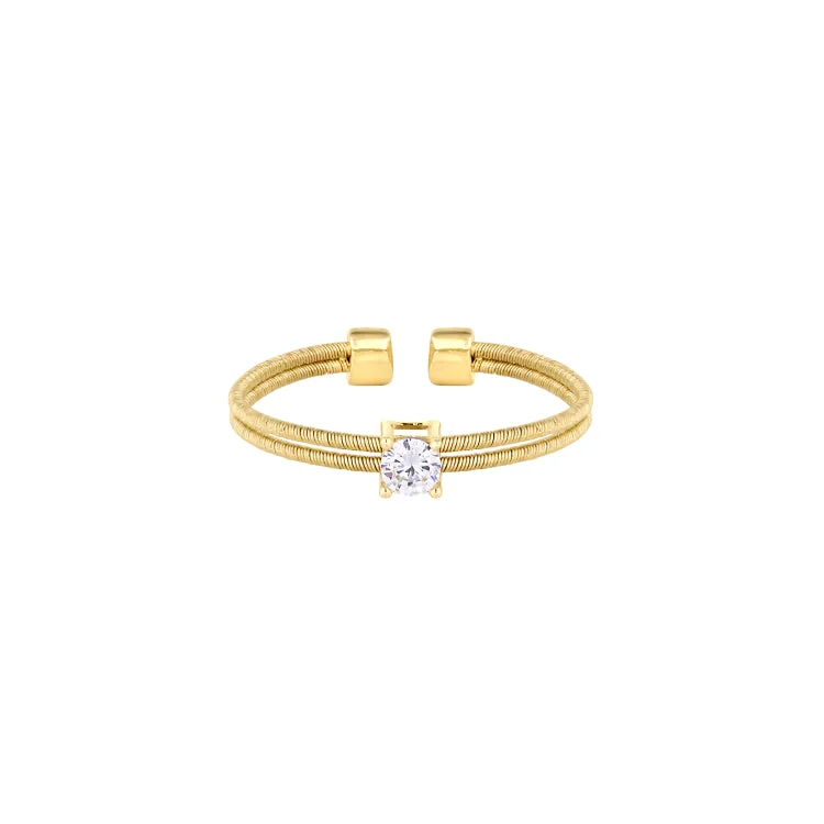 ladies rings contemporary-Gold Finish Sterling Silver Two Cable Cuff Ring with a Solitaire Simmulated Diamond