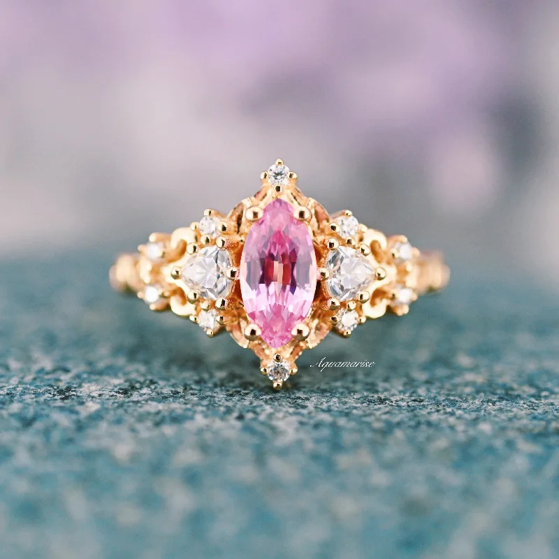 ladies engagement rings smooth-Elain Pink Sapphire Fairy Leaf Engagement Ring- 14K Solid Yellow Gold