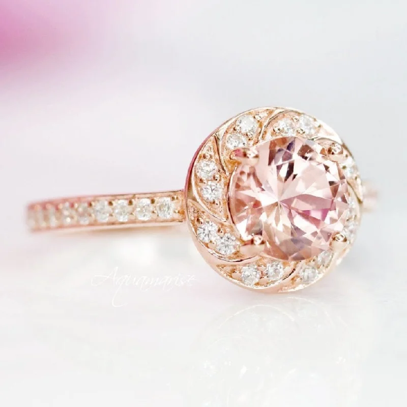 ladies engagement rings zales-Twisted Halo Morganite Engagement Ring- 14K Solid Rose Gold