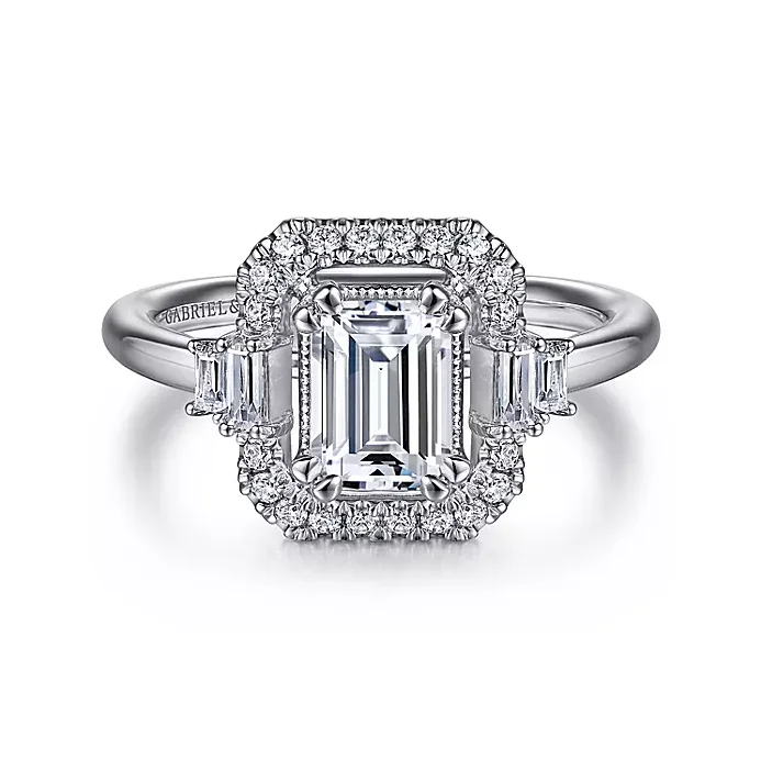 ladies engagement rings retro design-Havana - Art Deco 14K White Gold Emerald Cut Halo Diamond Engagement Ring