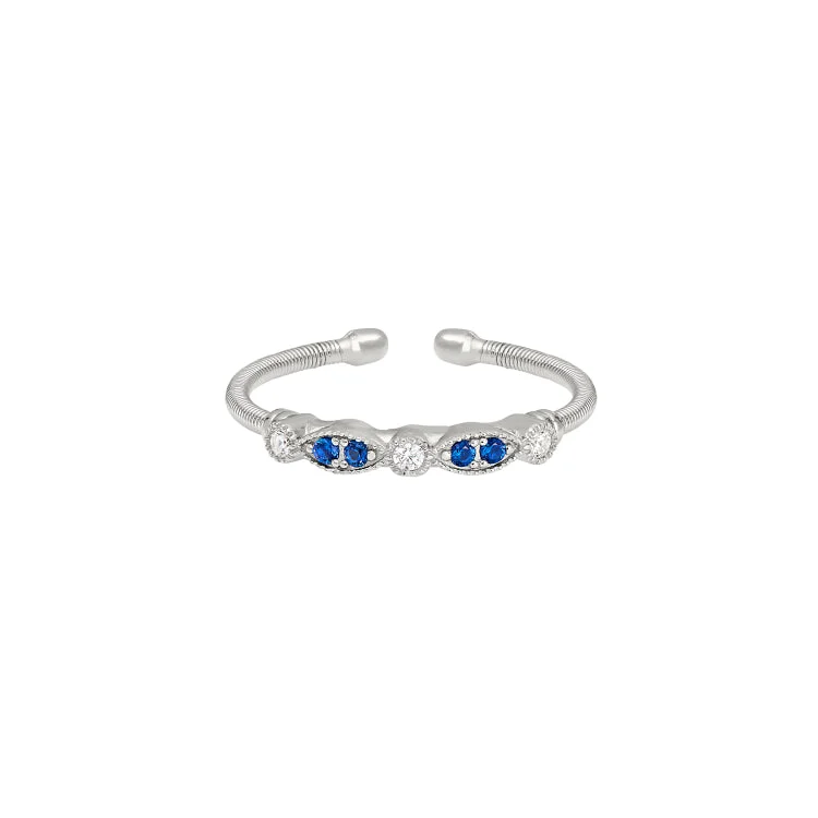 ladies rings featured-Rhodium Finish Sterling Silver Cable Cuff Ring with Simulated Blue Sapphire and Simulated Diamond Marquis & Round Design