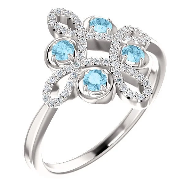 ladies rings gold-14KT GOLD AQUAMARINE & DIAMOND CLOVER RING