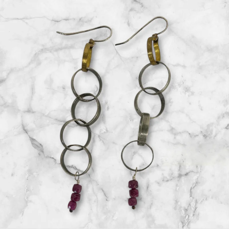 ladies earrings solitaire-Ruby Sterling Silver & Brass Chain Earrings