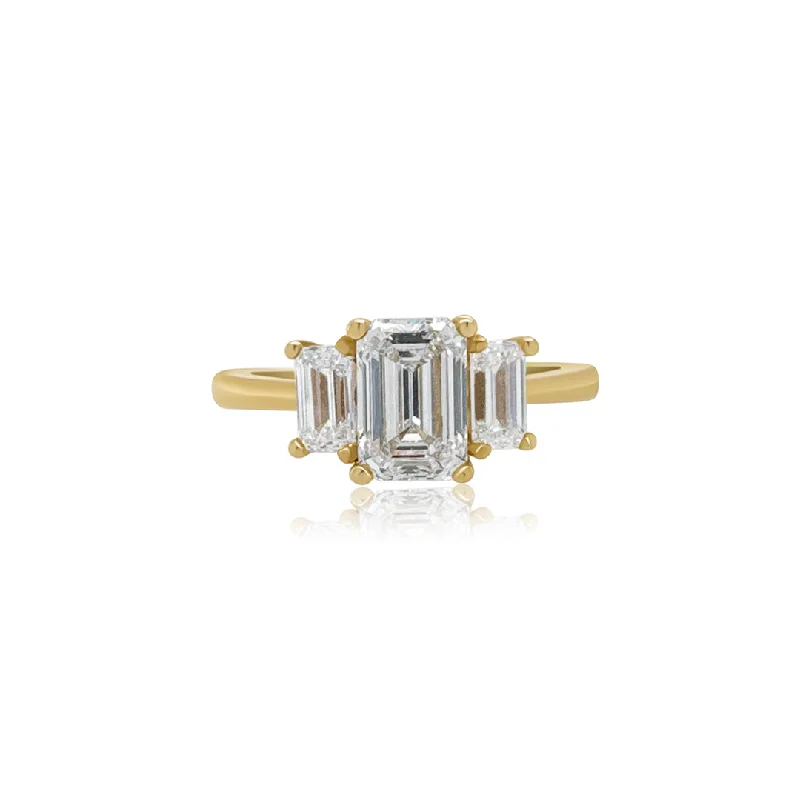 ladies engagement rings ruby-1.24 CT Emerald Cut Lab Grown Diamond and 0.64 Cttw Three Stone Engagement Ring 14K Yellow Gold