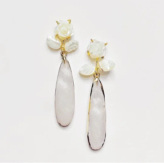 ladies earrings budget-Earrings - Carved Rose + White Quartz