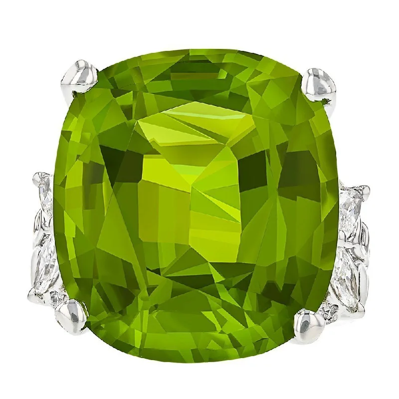 ladies rings budget-JULEVE 18KT GOLD 28.26 CT CUSHION PERIDOT AND 1.76 CTW DIAMOND RING