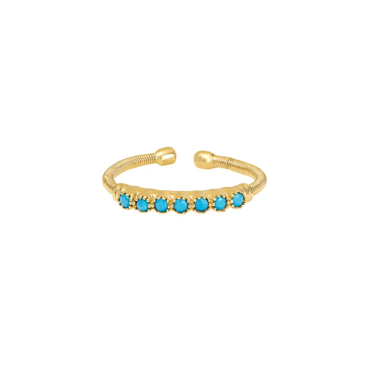 ladies rings long lasting-Gold Finish Sterling Silver Cable Cuff Ring with Beaded Bezel Set Simulated Turquoise