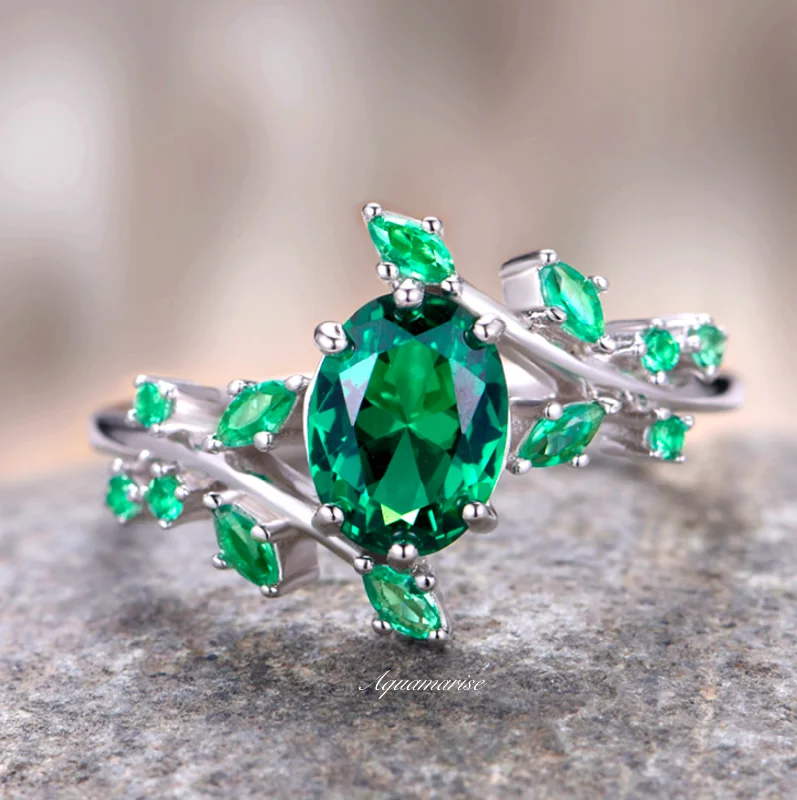 ladies engagement rings vintage inspired-Emerald Leaf Engagement Ring- 925 Sterling Silver