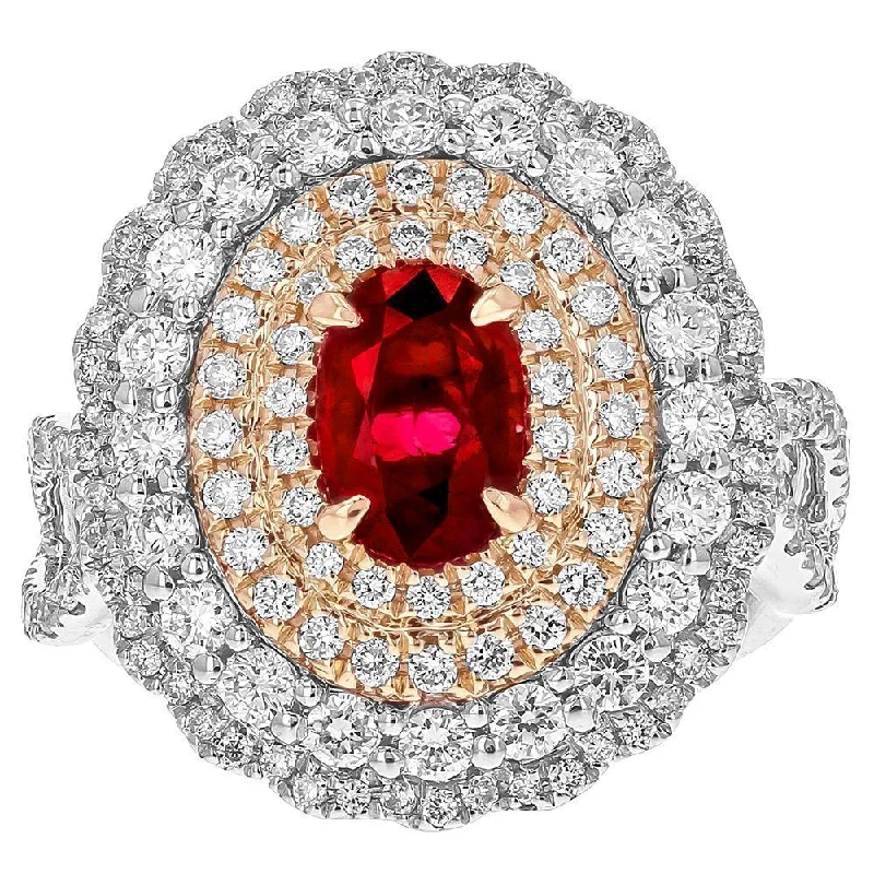 ladies rings family-JULEVE 18KT TWO TONE 0.85CT OVAL RUBY & 1.53CT DIAMOND HALO RING