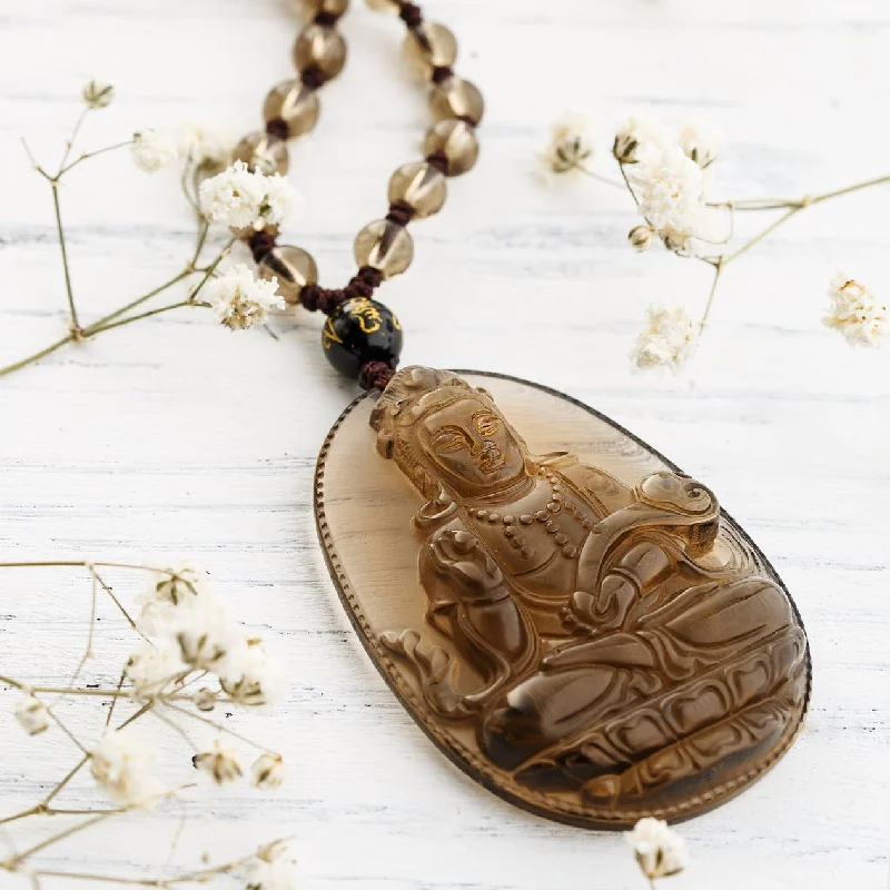 Ladies necklaces yellow gold -Natural Ice Obsidian Guanyin Necklace