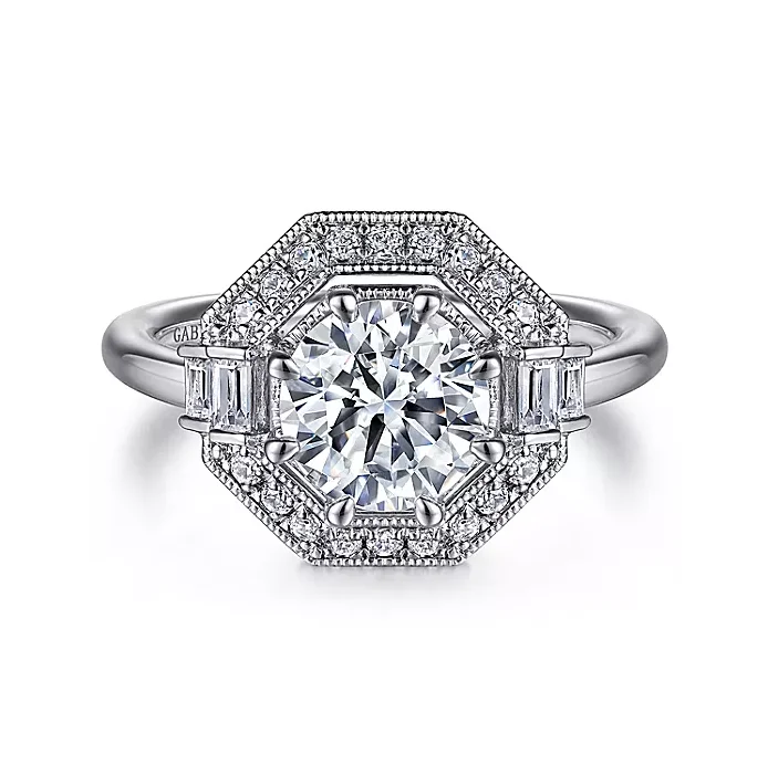 ladies engagement rings trillion-Zara - Art Deco 14K White Gold Round Halo Diamond Engagement Ring