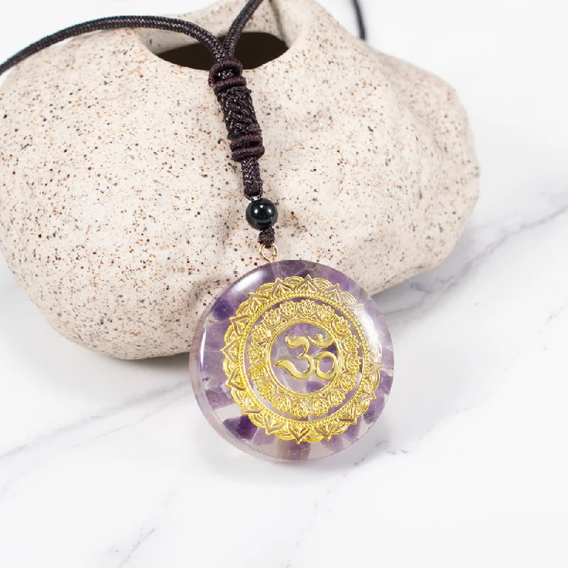 Ladies necklaces white gold drop -Orgone Energy Om Amethyst Necklace Talisman