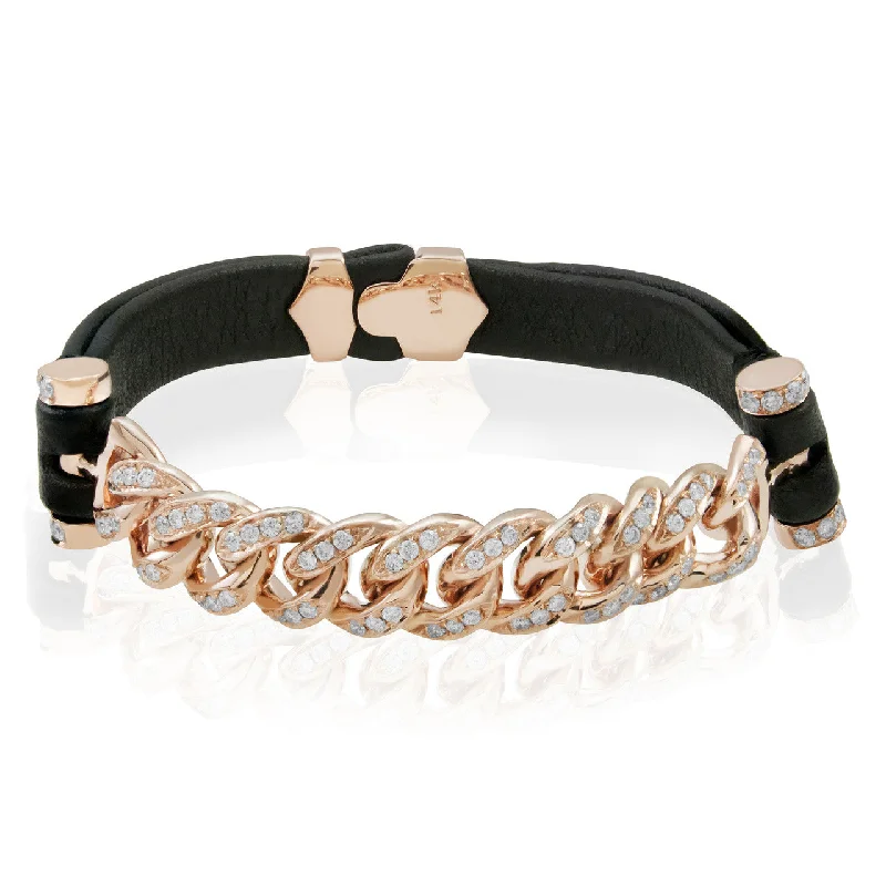 Ladies bracelets for her glow -14k Rose Gold 1.25ct Diamond Leather Cuban Link Bracelet