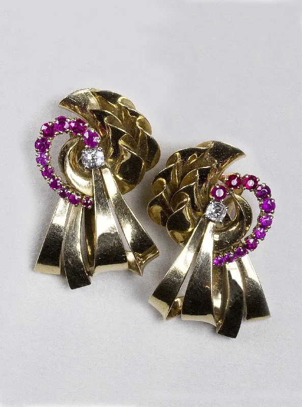 ladies earrings retro design-Vintage Gold Ribbon, Ruby and Diamond Earrings