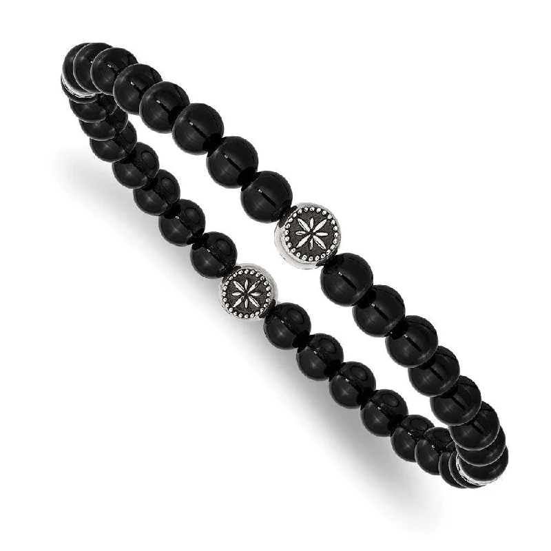 Ladies bracelets elephant shine -Stainless Steel Antiqued & Polished Black Agate Beaded Stretch Bracelet