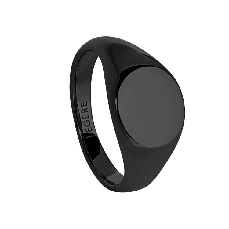 ladies rings featured-Black IP Finish Stainless Steel Round Signet Ring  - Size 12