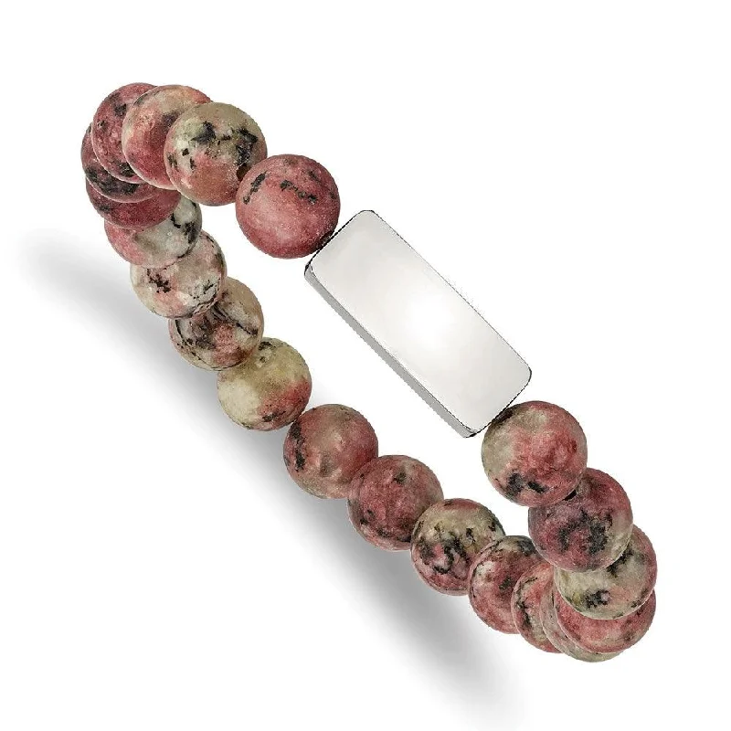 Ladies bracelets nordic glow -Stainless Steel Polished ID Plate Rhodochrosite Bead Stretch Bracelet