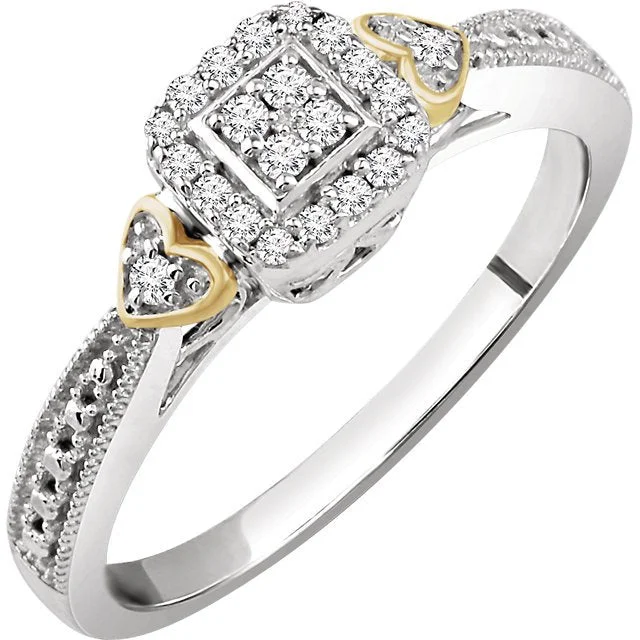 ladies rings long lasting-10KT WHITE & YELLOW 1/6 CTW DIAMOND SQUARE AND HEART PROMISE RING