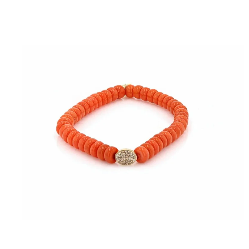 Ladies bracelets asscher glow -Orange Coral Bead Bracelet with 14K Gold Pave Diamond Pill  BG000751