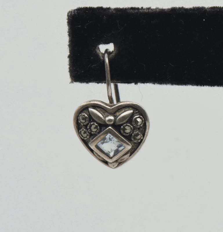 ladies earrings meditation-UNMATCHED Vintage Blue Topaz and Marcasite Sterling Silver Heart Earring