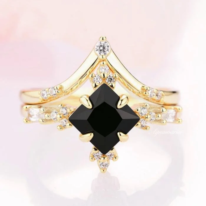 ladies engagement rings multi stone-Princess Cut Black Onyx Engagement Ring Set- 14K/18K Solid Yellow Gold