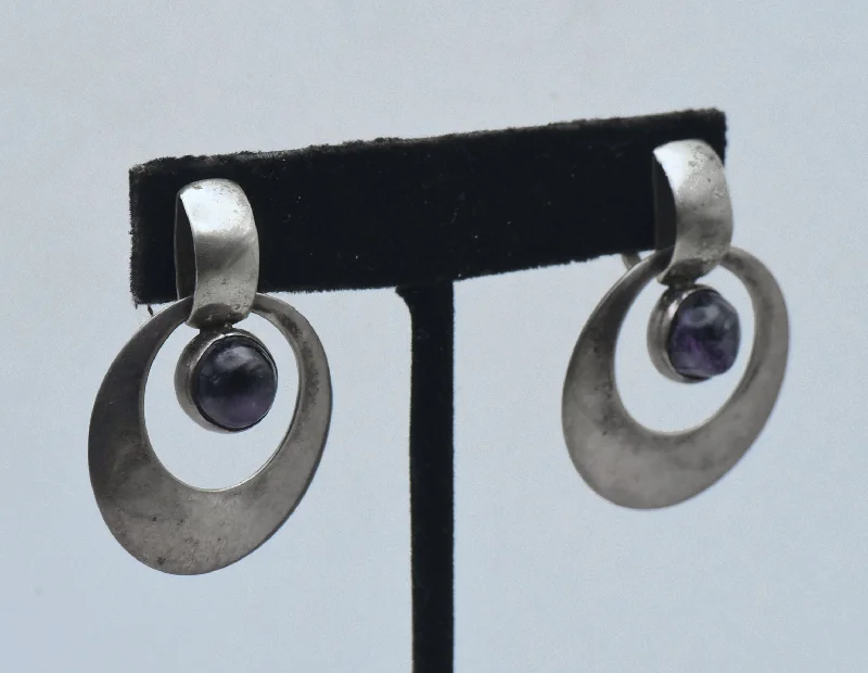 ladies earrings branded-Vintage Handmade Modernist Amethyst and Silver Screw Back Earrings