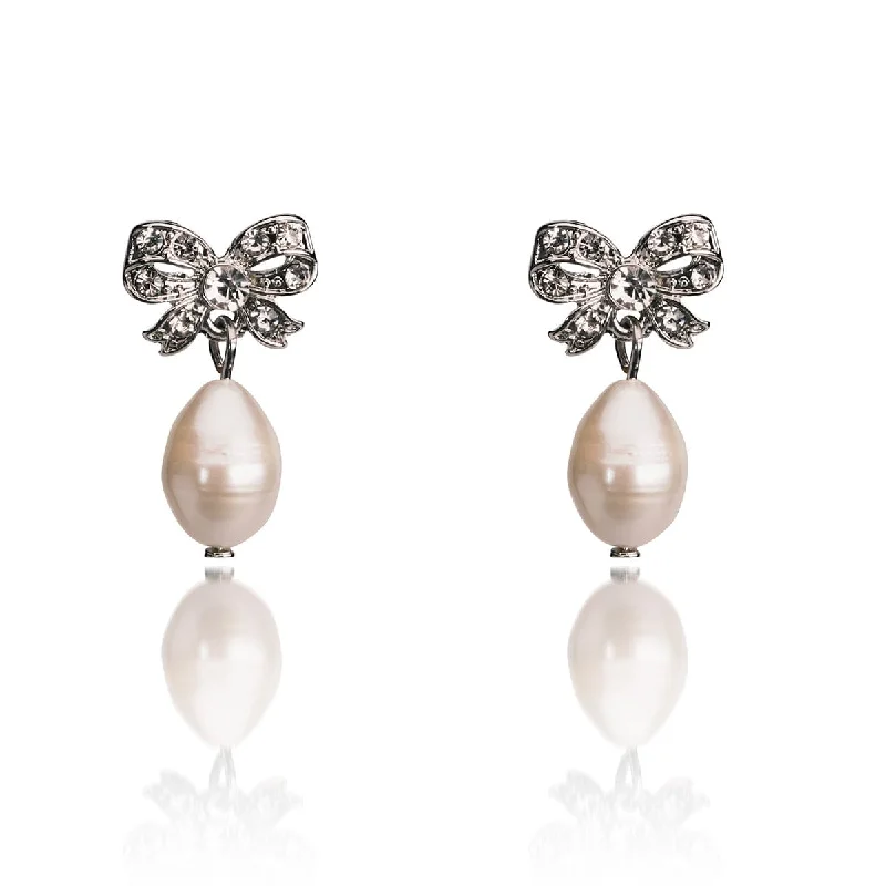 ladies earrings organic-Freshwater pearl bow earrings : Vintage bow earrings