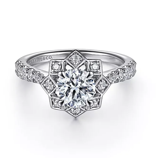 ladies engagement rings tension-Tria - Art Deco Inspired 14K White Gold Floral Halo Round Diamond Engagement Ring