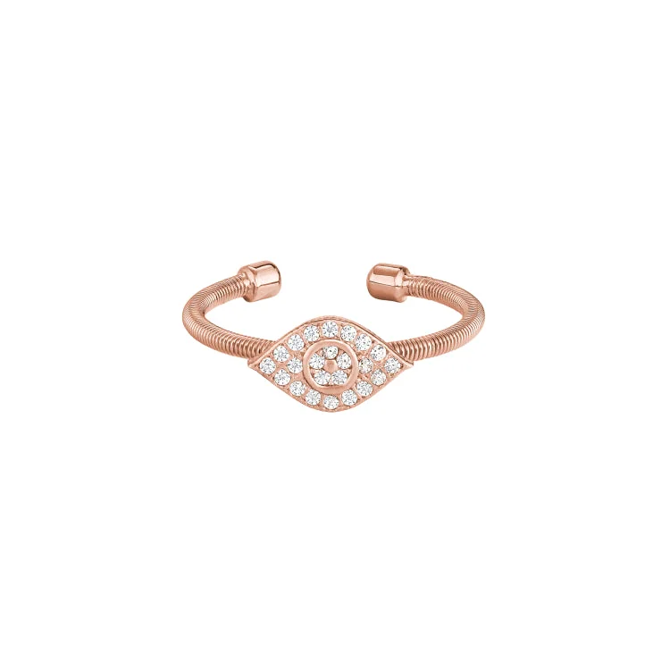 ladies rings chic-Rose Gold Finish Sterling Silver Cable Cuff Evil Eye Ring with Simulated Diamonds