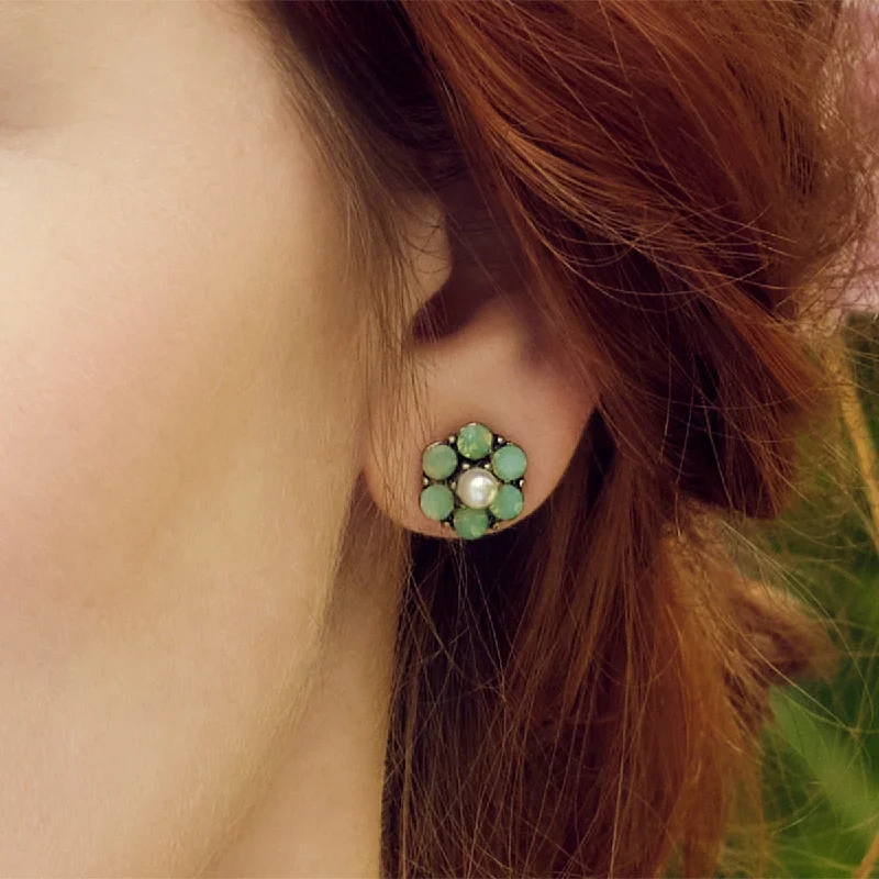 ladies earrings upcycled-Flower Stud Earrings: Tiny Vine Flower and Pearl Earrings