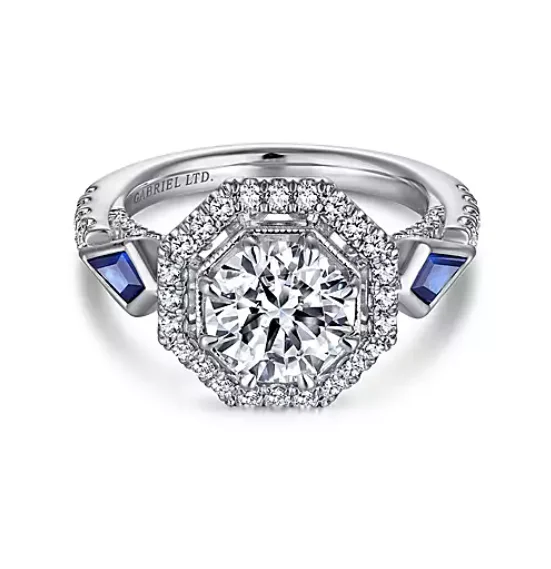 ladies engagement rings embossed-Mildred - Art Deco 18K White Gold Octagonal Three Stone Halo Round Sapphire and Diamond Engagement Ring