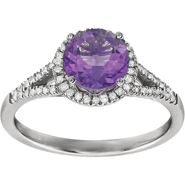 ladies rings flower-14KT WHITE GOLD 1 1/4 CTW AMETHYST & 1/6 CTW DIAMOND HALO RING