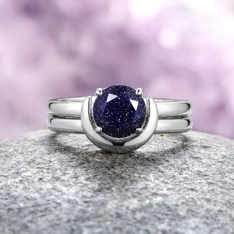 ladies engagement rings showstopper-Starry Night Crescent Moon Engagement Ring Set- Sterling Silver