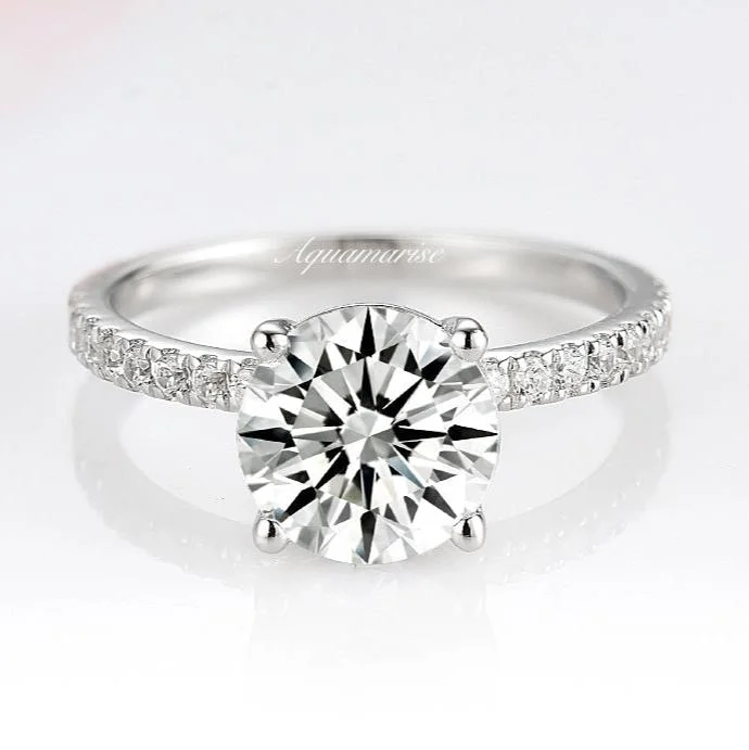 ladies engagement rings new-2CT Classic Round Brilliant Cut Moissanite Engagement Ring- 14K White Gold