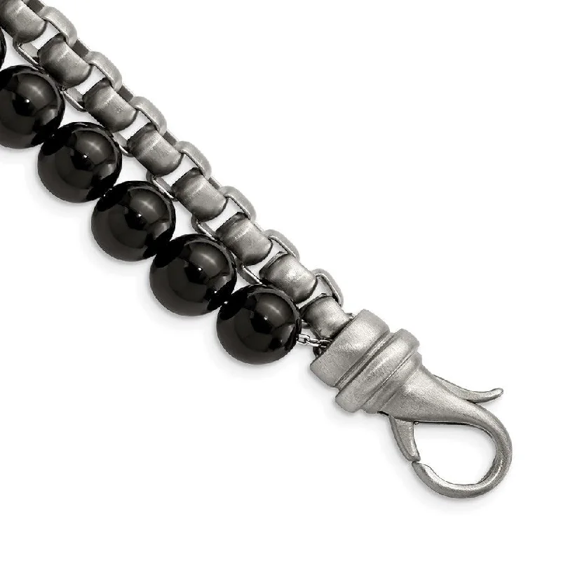 Ladies bracelets natural allure -Stainless Steel Brushed Box Chain & Black Onyx 2 Strand 8.5in Bracelet