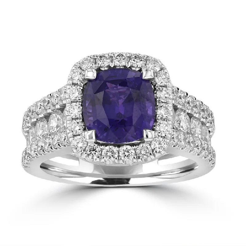 ladies rings together-JULEVE 18KT GOLD 2.97 CT SAPPHIRE AND 1.61 CTW DIAMOND HALO RING