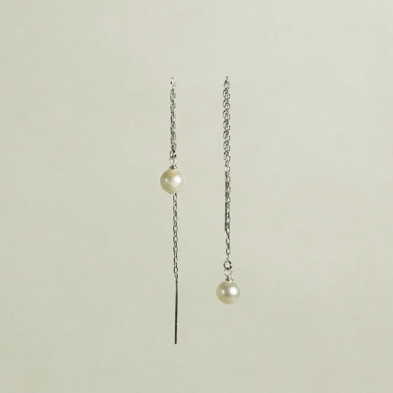 ladies earrings symmetrical-Thread-through Silver Pearl Earrings