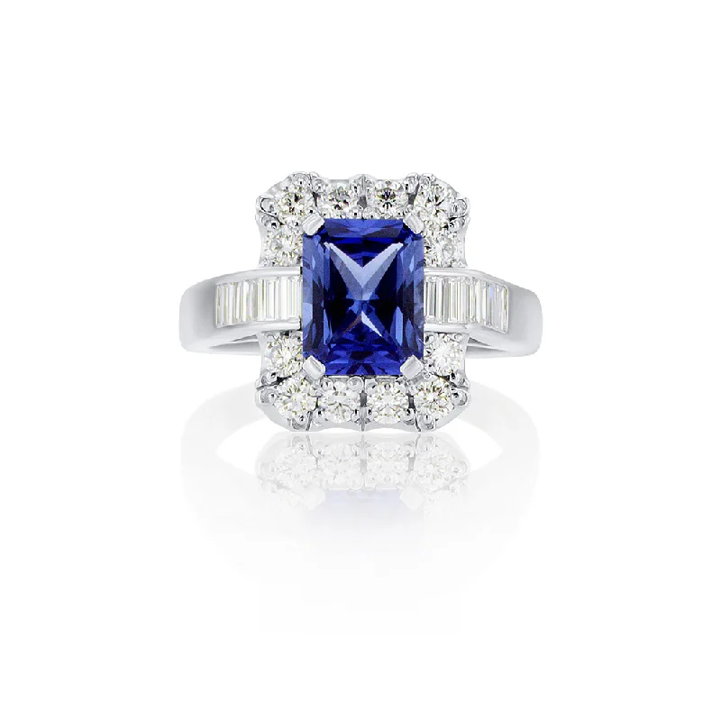 ladies engagement rings milestone-2.74 CT Emerald Cut Lab Grown Blue Sapphire and 2.00 Cttw Mixed Cut Diamond Halo Platinum Engagement Ring