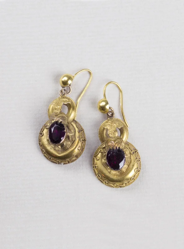 ladies earrings cluster-Vintage Gold Red Garnet Drop Earrings