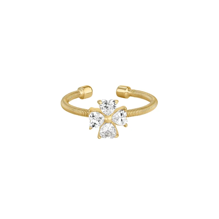 ladies rings new-Gold Finish Sterling Silver Cable Cuff 4 Heart Shaped Stones Cross Ring with Simulated Diamonds